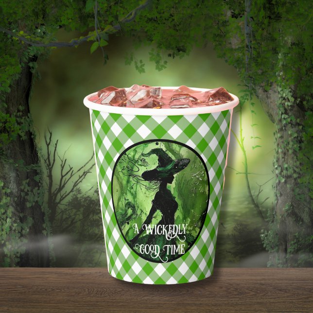 Painted Wickedly Good Witch Green Gingham Plaid Paper Cups (Creator Uploaded)