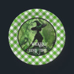 Painted Wickedly Good Witch Green Gingham Plaid Paper Plate<br><div class="desc">Painted Wickedly Good Witch Green Gingham Plaid Paper Plates - These paper plates feature a green and black painting of a witch in an enchanted forest on top of a white and green gingham chequered plaid pattern. Perfect for any age girl or woman's birthday or for a Halloween Party. Designed...</div>