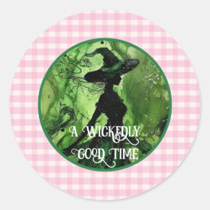 Painted Wickedly Good Witch Pink Gingham Plaid Classic Round Sticker