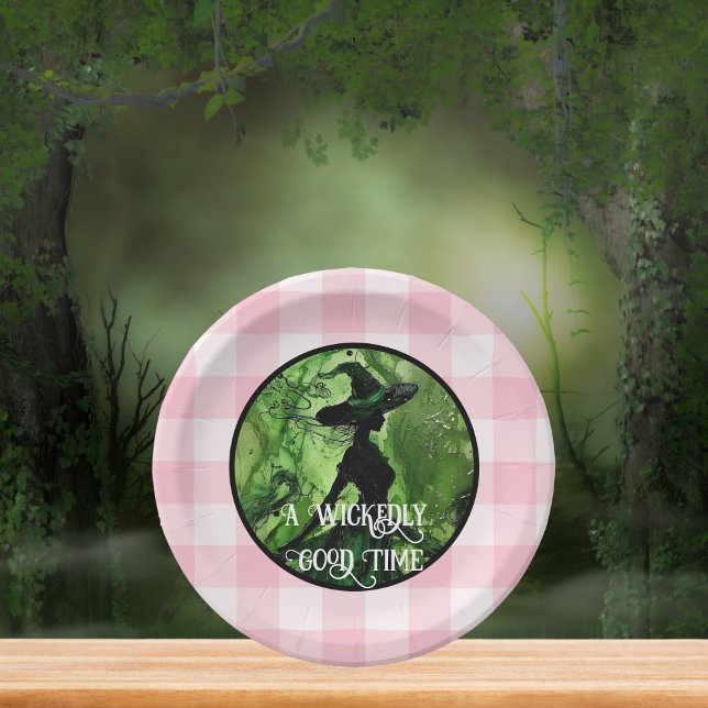 Painted Wickedly Good Witch Pink & Green Gingham Paper Plate (Creator Uploaded)