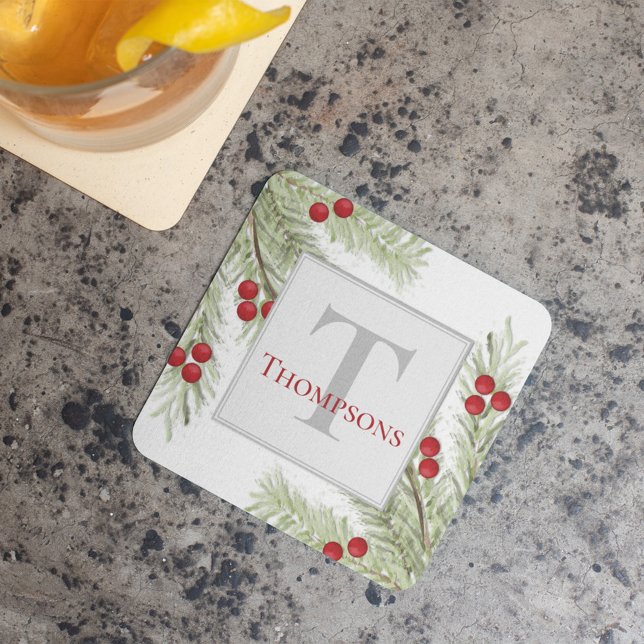 Painted Winter Pine and Berry Sprigs Square Paper Coaster (Red and green monogram custom coaster.)