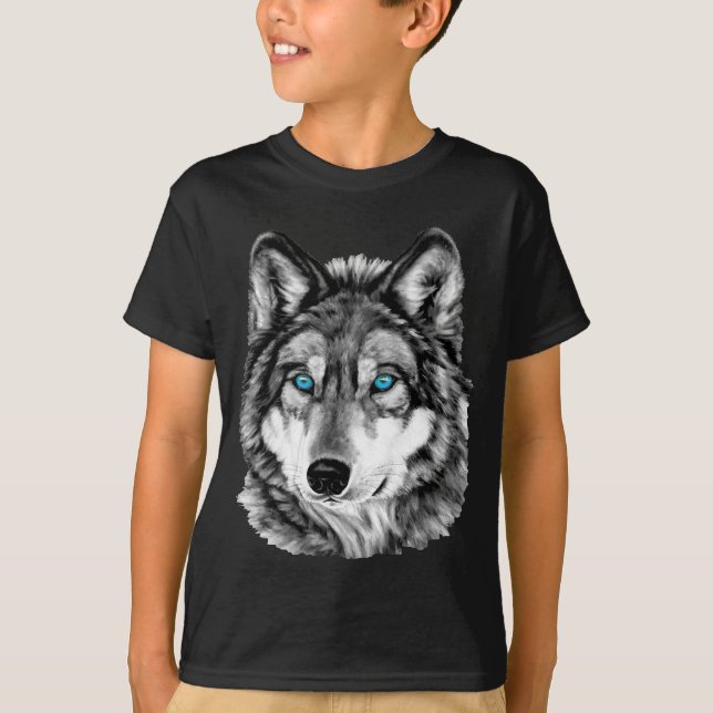 Painted Wolf Grayscale Blue Eyes T-Shirt (Front)