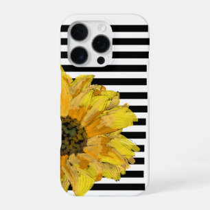 Painted Yellow Sunflower on Black Stripes iPhone 16 Pro Case