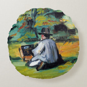 Painter at Work by Paul Cezanne, Vintage Fine Art Round Pillow