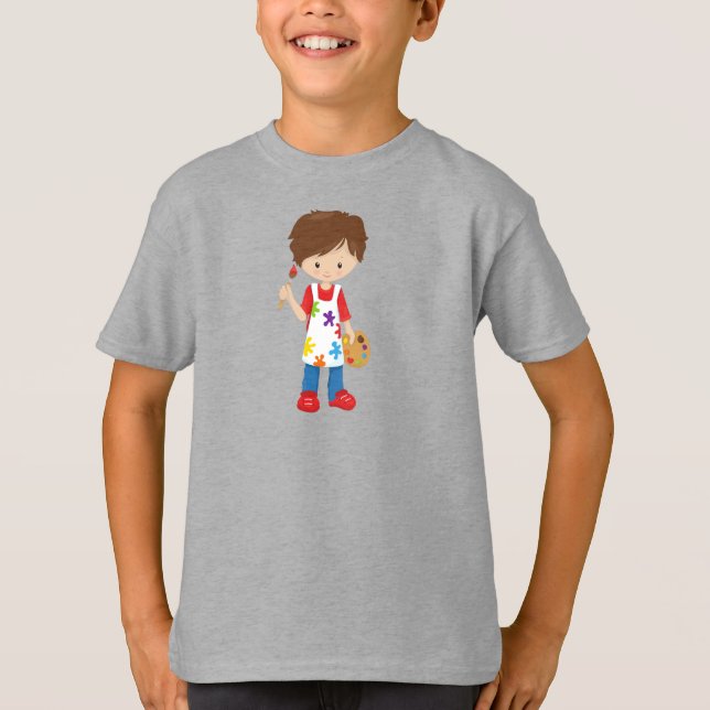 Painter, Paint Artist, Cute Boy, Brown Hair T-Shirt (Front)