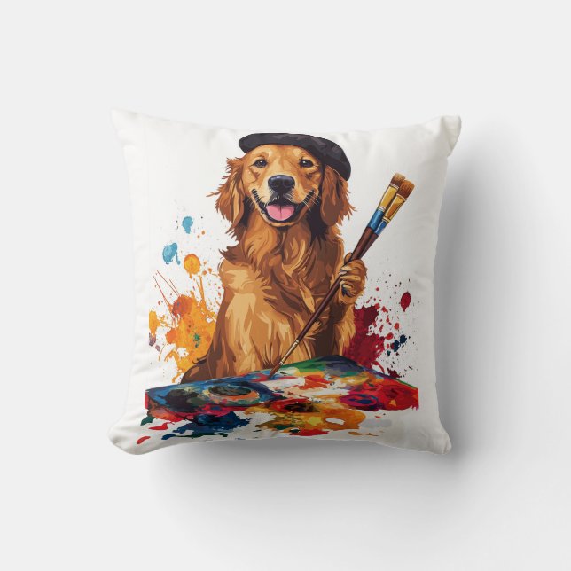 Painter Pup � Artistic Dog with Easel Throw Pillow (Front)