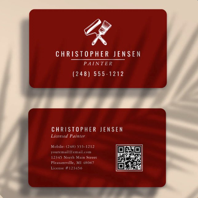 Painter QR Code Burgundy Red Rounded Painting Business Card (Creator Uploaded)