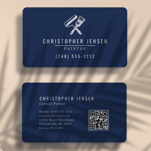 Painter QR Code Navy Blue Grey Rounded Painting Business Card (Creator Uploaded)