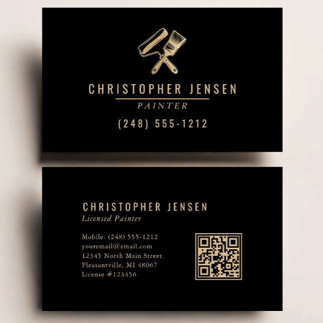Painter QR Code Painting Business Black Gold Business Card (Creator Uploaded)