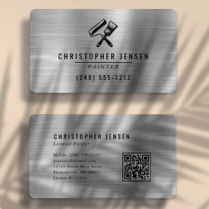 Painter QR Code Silver Black Metallic Rounded Business Card