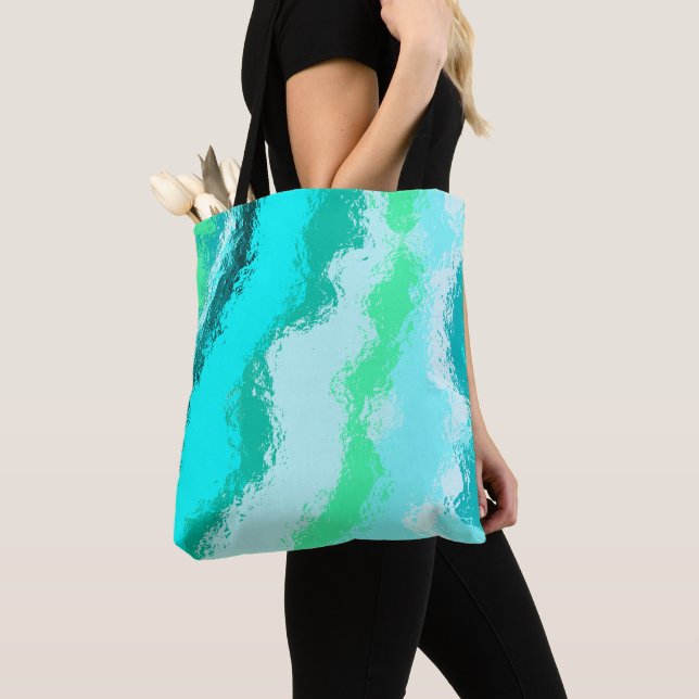 Painterly Abstract Wavy Blue Aqua Green Artsy Tote Bag (Close Up)