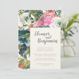 Painterly Botanical Watercolor Pink Green Wedding Invitation