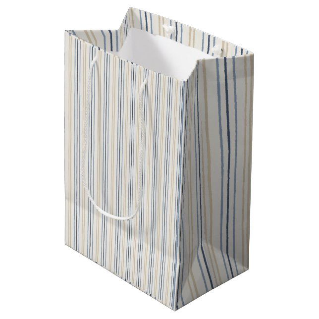 Painterly Coastal Blue and Sand Pinstripe Pattern Medium Gift Bag (Front Angled)