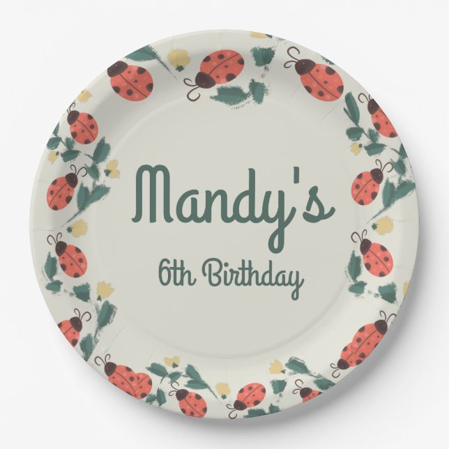 Painterly Lady Bug Birthday Garden Party Paper Plate (Front)