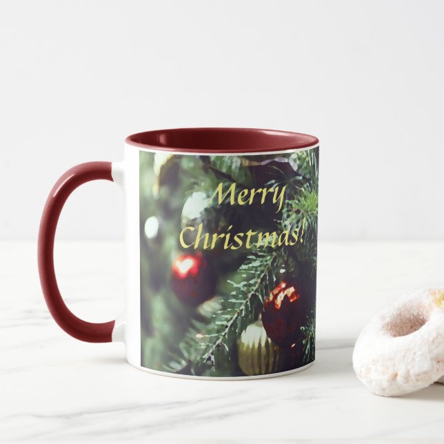 Painterly Merry Christmas Tree with Red Ornaments Mug (With Donut)