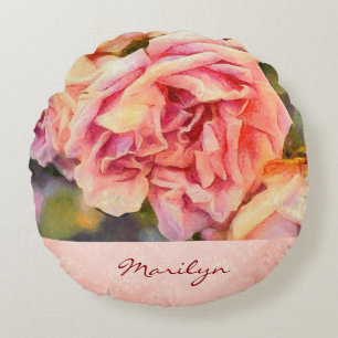 Painterly Pink Roses on Damask Monogrammed Round Pillow