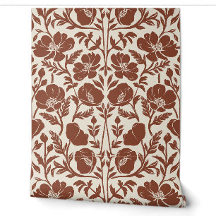 Painterly Poppy Arts And Crafts - Auburn Red Beige Wallpaper