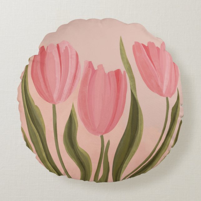 Painterly Pretty Pink Tulips  Round Pillow (Front)