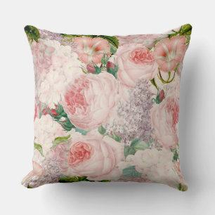 Painterly Retro Roses Lilacs Flower Spring Pattern Throw Pillow