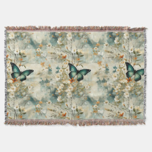 Painterly Teal Butterfly Floral Sage Terracotta Throw Blanket