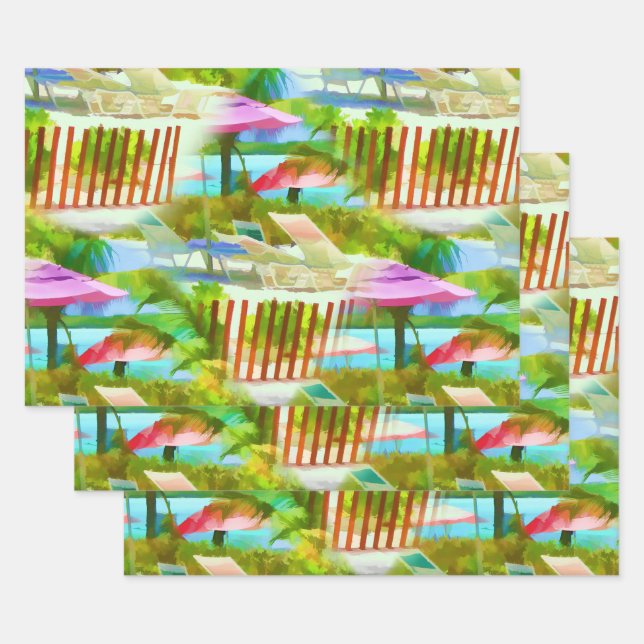Painterly Tropical Bahama Islands Beach Pattern Wrapping Paper Sheet (Set)