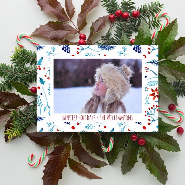 Painterly Watercolor Botanicals Holiday Photo Card (Creator Uploaded)