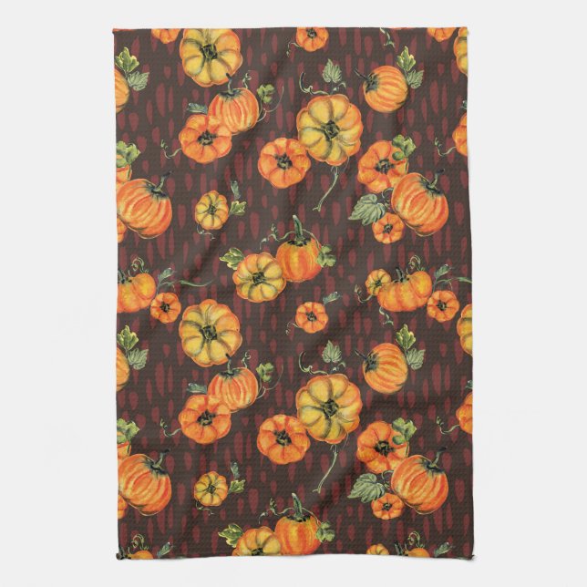 Painterly Watercolor Fall Pumpkins Orange/Black Kitchen Towel (Vertical)