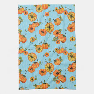 Painterly Watercolor Fall Pumpkins Orange/Blue Kitchen Towel