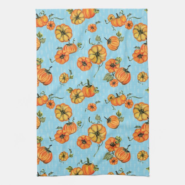 Painterly Watercolor Fall Pumpkins Orange/Blue Kitchen Towel (Vertical)