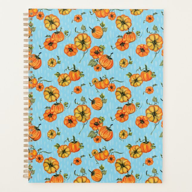 Painterly Watercolor Fall Pumpkins Orange/Blue Planner (Front)