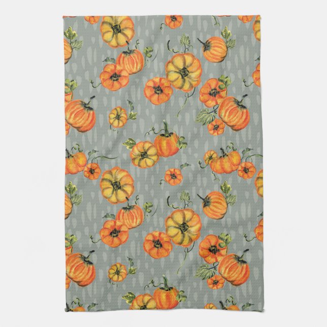 Painterly Watercolor Fall Pumpkins Orange/Greige Kitchen Towel (Vertical)