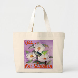Painterly White Southern Magnolias on Lavender Large Tote Bag