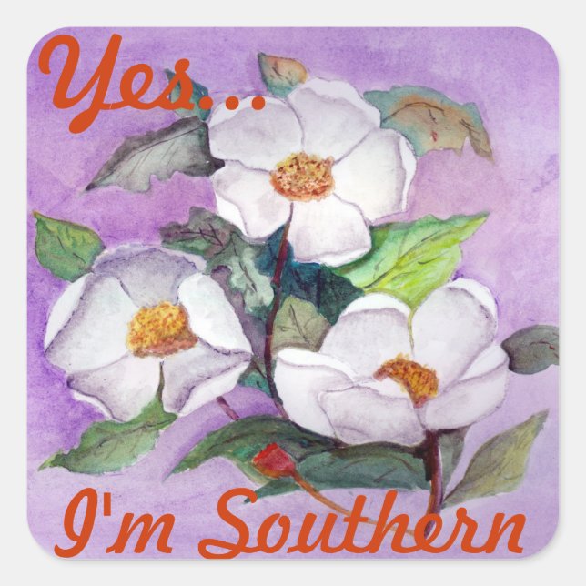 Painterly White Southern Magnolias on Lavender Square Sticker (Front)