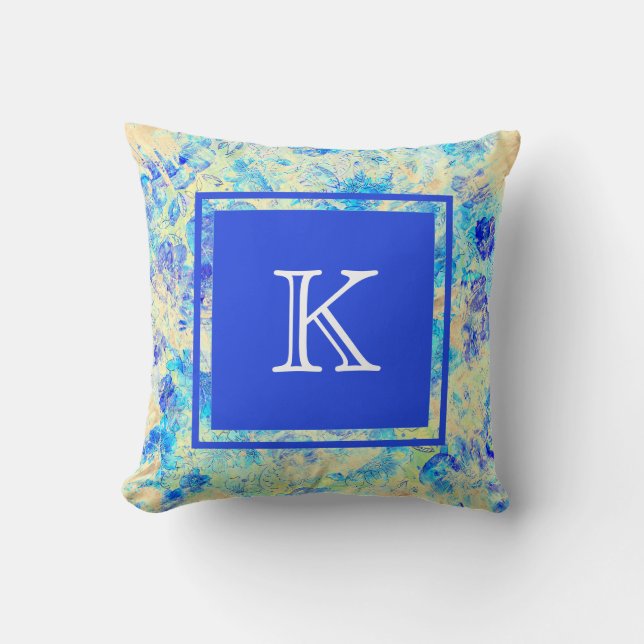 Painter's Cloth with Flower Blossoms & Initial Throw Pillow (Front)
