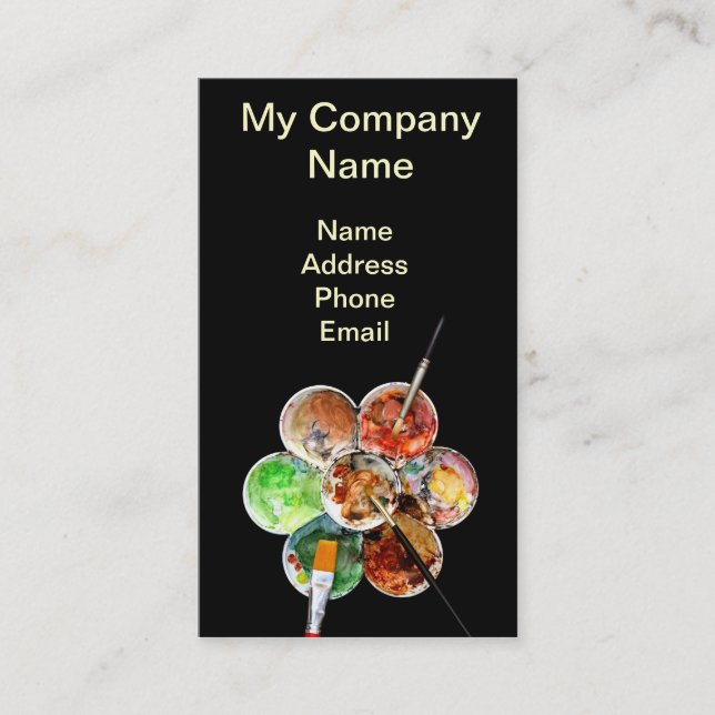 Painter's palette with bright colours and brushes business card (Front)