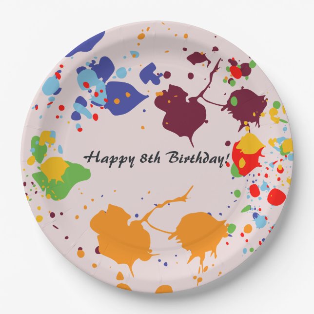 Painting 8th Birthday Party Colourful Splashes  Paper Plate (Front)