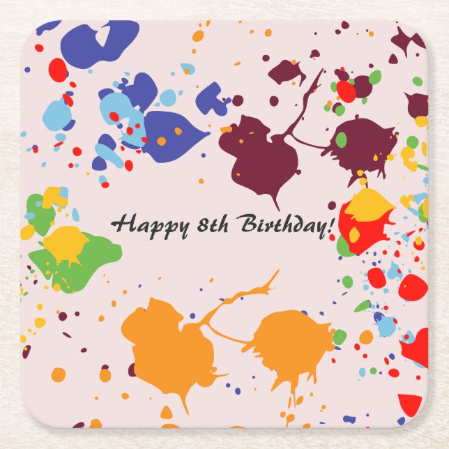 Painting 8th Birthday Party Colourful Splashes  Square Paper Coaster (Front)