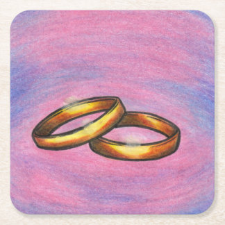 Painting art golden pair wedding rings I love you Square Paper Coaster