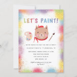 Painting Art Party Kids Birthday Kitty Cat Invitation<br><div class="desc">Cute and colourful birthday party invitation template card featuring rainbow colour paints with faux gold glitters around the card with a colourful text that says "LET'S PAINT." There is also a cute cat with red beret hat and scarf, painting palette, and painting brush. The message at the top says "We're...</div>