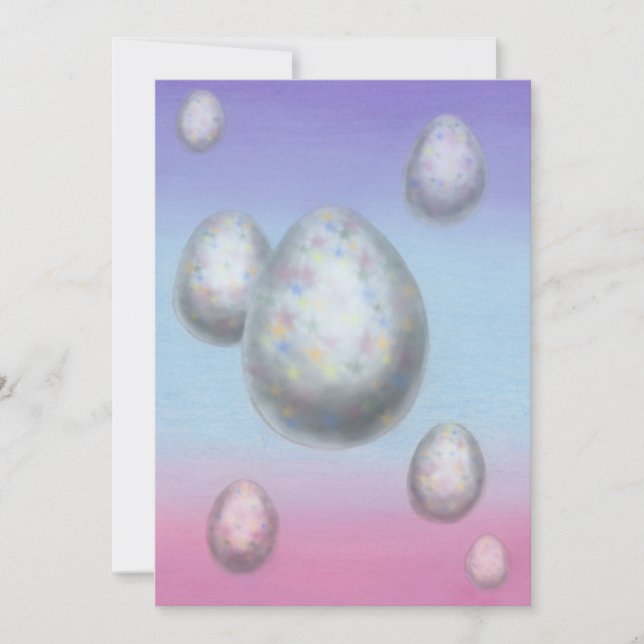 painting art seven easter eggs floating in the air holiday card (Front)