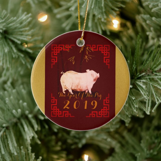 Painting Bamboo Chinese Frame Pig Year 2019 RoundO Ceramic Ornament (Tree)