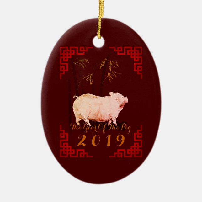 Painting Bamboo Chinese Frame Pig Year Oval O Ceramic Ornament (Front)