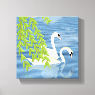 Painting Blue and Green pair of Swans on the lake Canvas Print