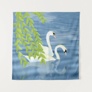 Painting Blue and Green pair of Swans on the lake Tapestry