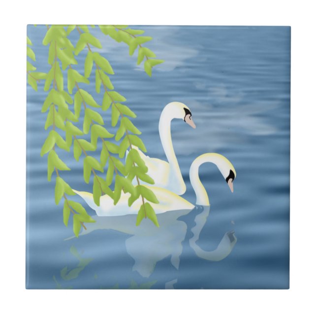 Painting Blue and Green pair of Swans on the lake Tile (Front)