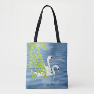 Painting Blue and Green pair of Swans on the lake Tote Bag