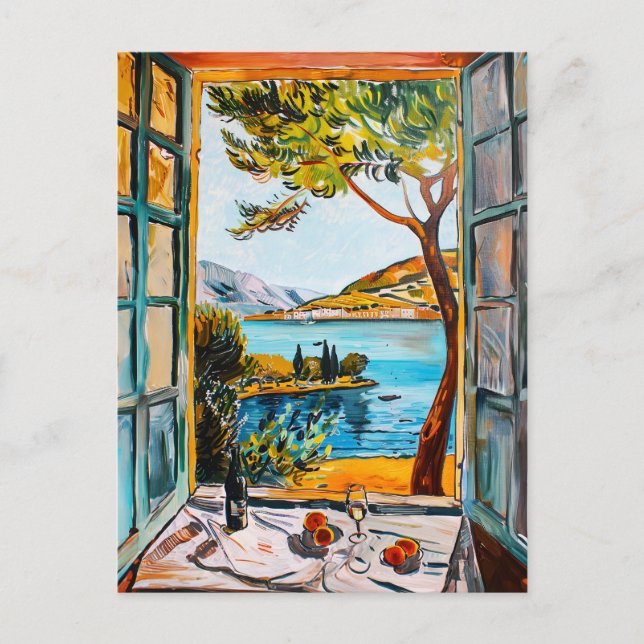 Painting breakfast on window view Mediterran sea Postcard (Front)