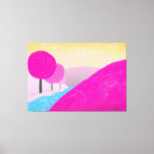 Painting bright pink hills river original art canvas print
