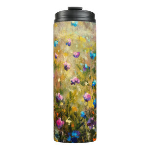 painting closeup Beautiful meadow of blue pink fl Thermal Tumbler