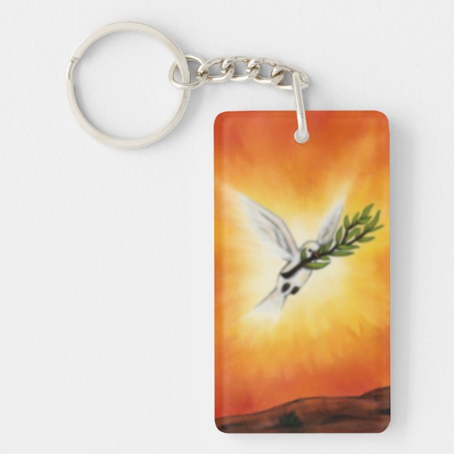 painting flying white peace dove with twig keychain (Front)